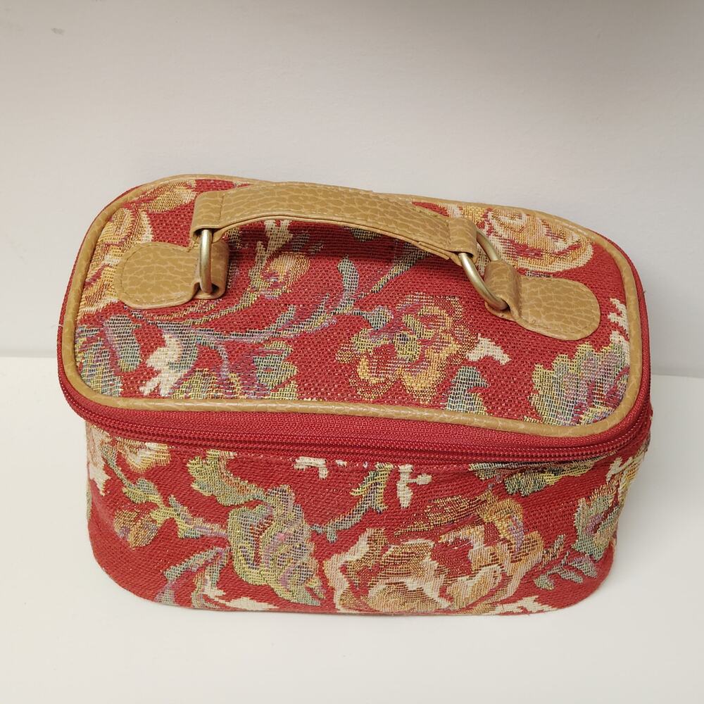 Vintage Floral Tapestry Small Train Case Red Yellow Gold Travel Bag 8x4.5x4.75"